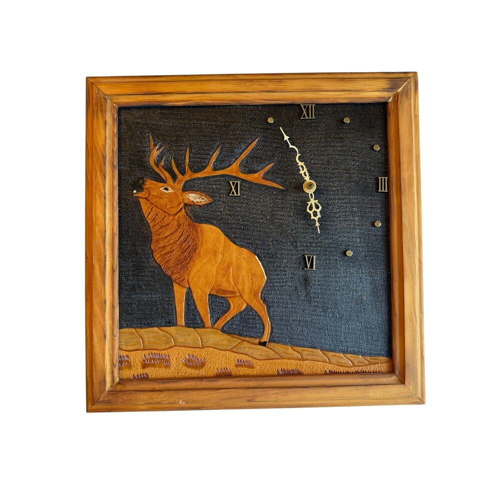 Mid Century Modern Handmade Vintage Wood Carved Elk Square Wall Clock